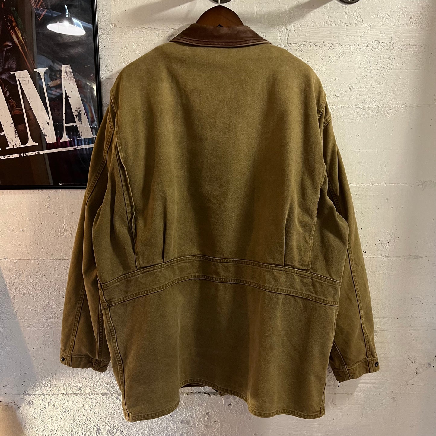 Vintage 90's Woolrich Aztec Lined Leather Collar Barn Coat - Size Large - Made In USA - Tan/Khaki