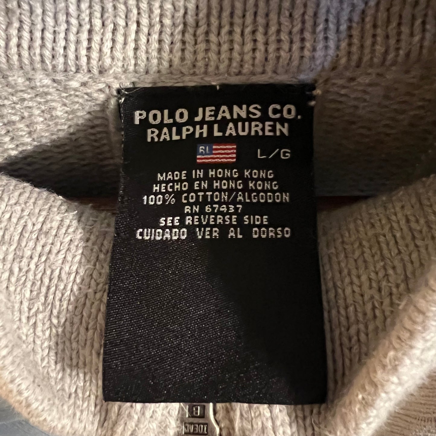 Vintage 90's Polo Jeans Co. Ralph Lauren Flag Knit Quarter Zip Sweater - Size Large - 100% Cotton