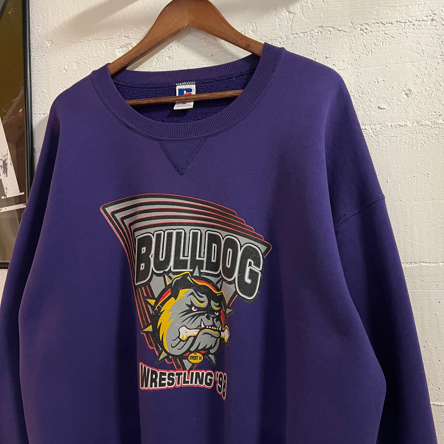 Vintage 1998 Russell Athletic Bulldog Wrestling Crewneck Sweatshirt - Size 2XL - Made In USA - Purple/Multi