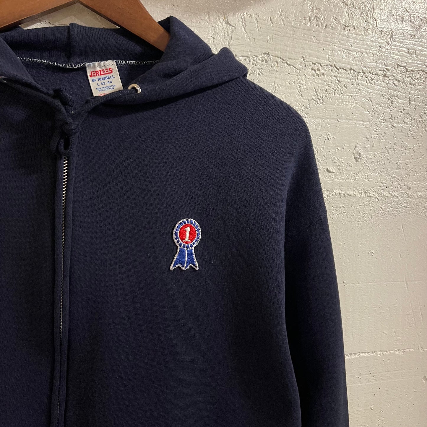 Vintage 80’s Jerzees ‘First Place’ Full Zip Hoodie Sweatshirt - Size Large - Made In USA - Navy