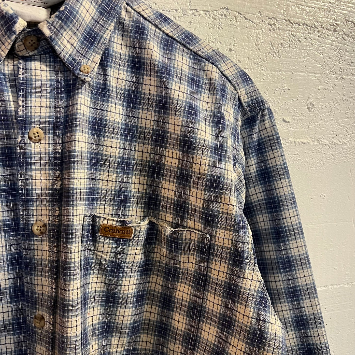 Vintage 90's Distressed Carhartt Painters Shadow Plaid Button Down Shirt - Size Medium - Union Made In USA - Blue/White