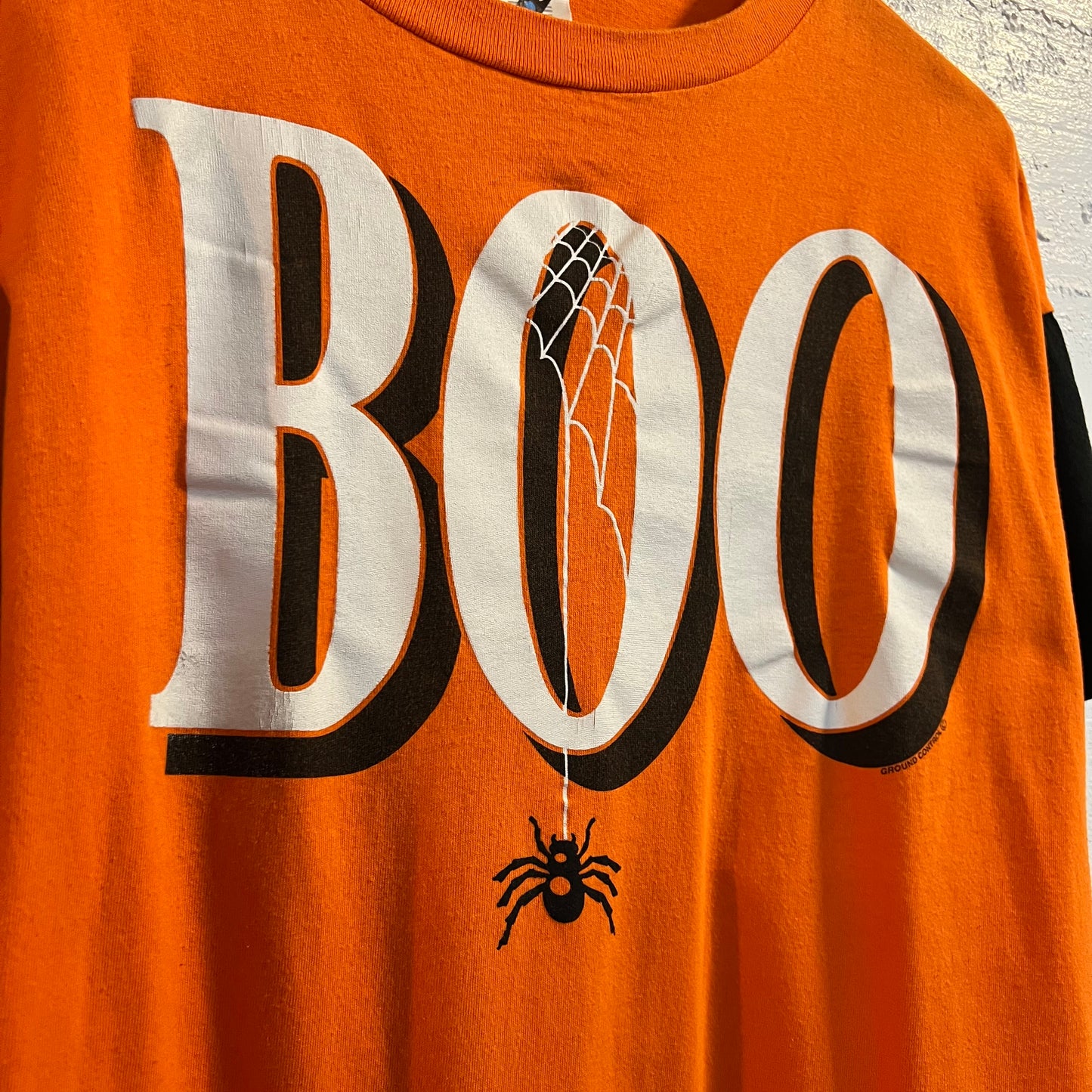 Vintage 90's Contrast Sleeve Halloween 'Boo' Spider T-Shirt - Size L/XL - Made In USA - Single Stitch