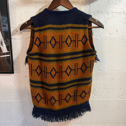 Vintage 70’s Sears Student Southwestern Serape Sweater Vest - Size Youth Large - Made In USA - Orange/Mustard/Navy