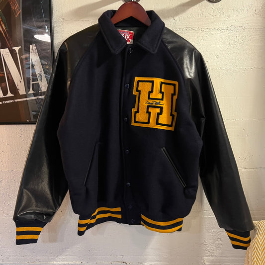 Vintage 1970's Awards USA Naugalite Wool Varsity Jacket - Size Large - Made In USA - Navy/Gold