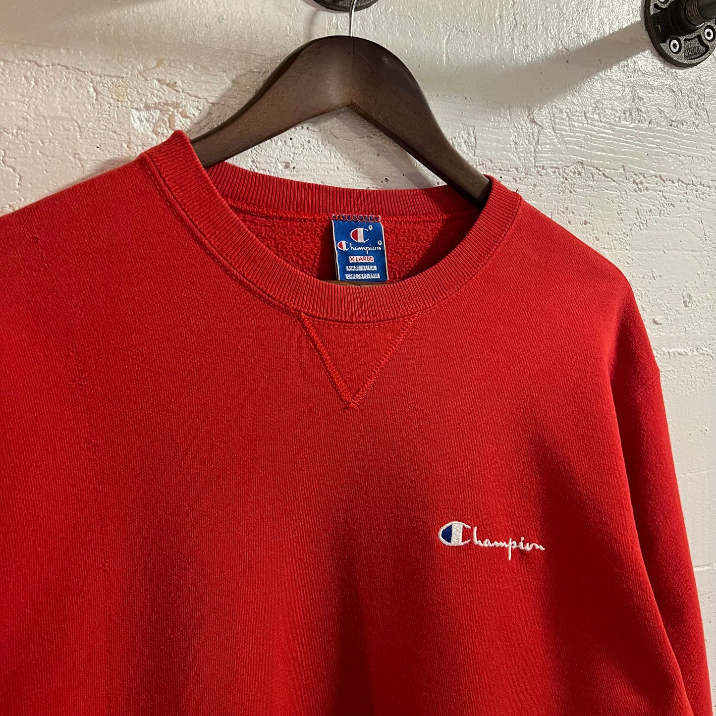 Vintage 80's/90's Champion Classic Script Embroidered Single "V" Crewneck Sweatshirt - Size XL - Made In USA - Red
