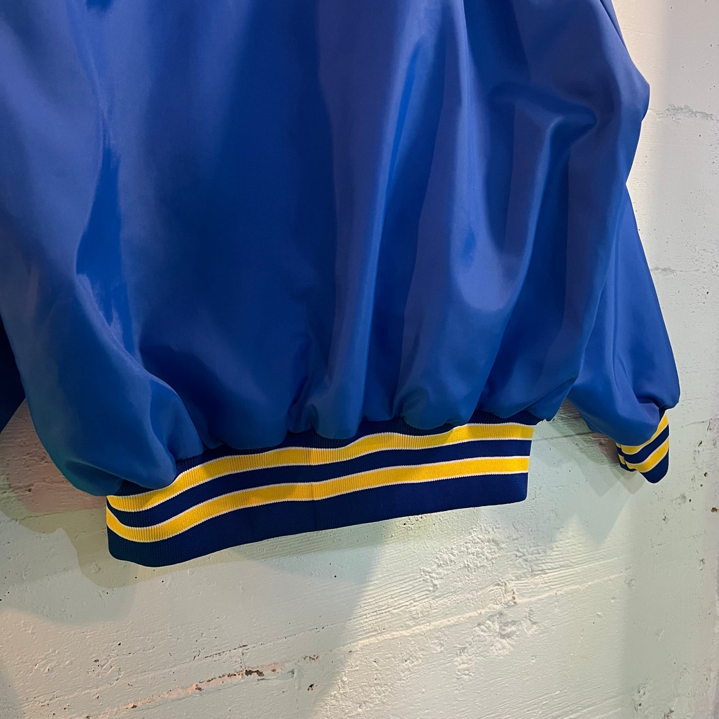 Vintage 90's Fold Down Collar Satin Bomber Jacket 'James River-Wauna Mill' - Size Large - Made In USA - Blue/Yellow