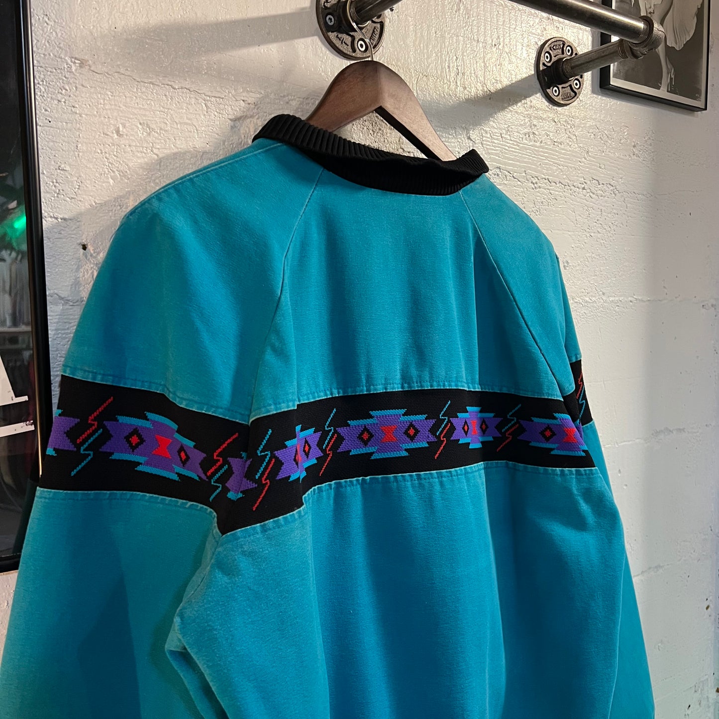 Vintage David James Aztec Blanket Lined Canvas Bomber Jacket - Size Large - Made In USA - Turquoise/Black