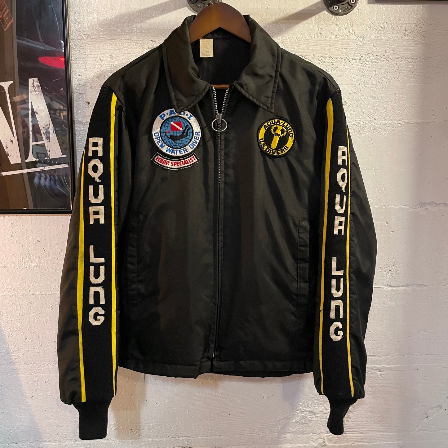 True Vintage 1970's U.S. Divers Aqua Lung Scuba Bomber Jacket With Intarsia Sleeves - Size Small - Made In USA - Black/Yellow