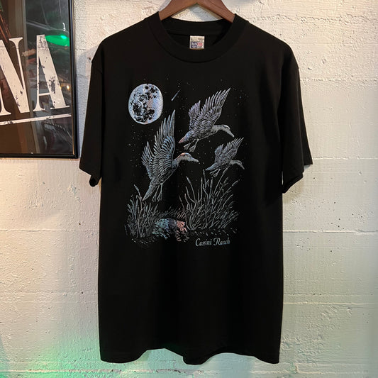 Vintage Cassini Ranch Puff Print Foil Nature T-Shirt - Size Large - Made In USA - Black/Purple/Blue