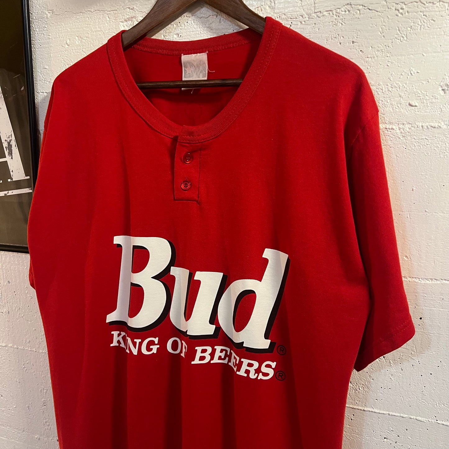 Vintage 90's Budweiser 'Bud-King Of Beers' Graphic Henley Cut T-Shirt - Size XL - Red