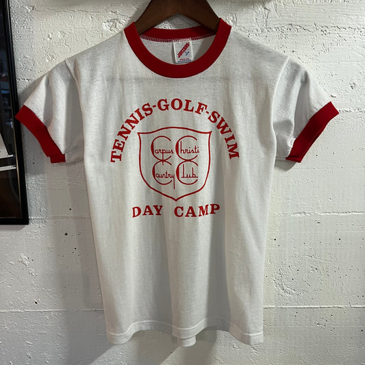 Vintage 80’s/90’s Corpus Christi Country Club Day Camp Ringer Baby T-Shirt - Size Youth Large - Made In USA - White/Red