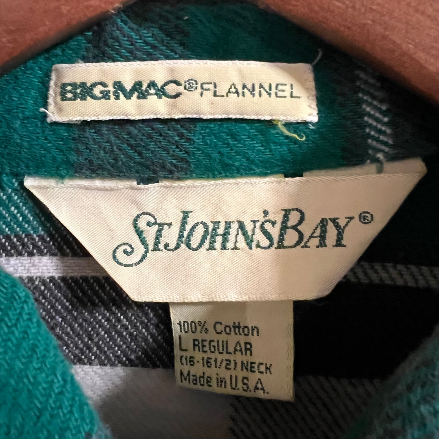 Vintage 80’s St.John’s Bay Big Mac Plaid Flannel Double Pocket Button Up Shirt - Size Large Regular - Made In USA - Green/White/Black