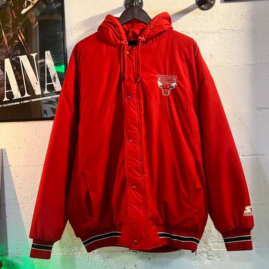 Vintage 90's Chicago Bulls Hooded Starter Jacket - Size XL - Red/Black