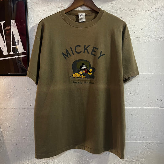 Vintage 90's Disney Mickey Mouse 'Simply The Best' Embroidered Graphic T-Shirt - Size S/M - Made In USA - Olive