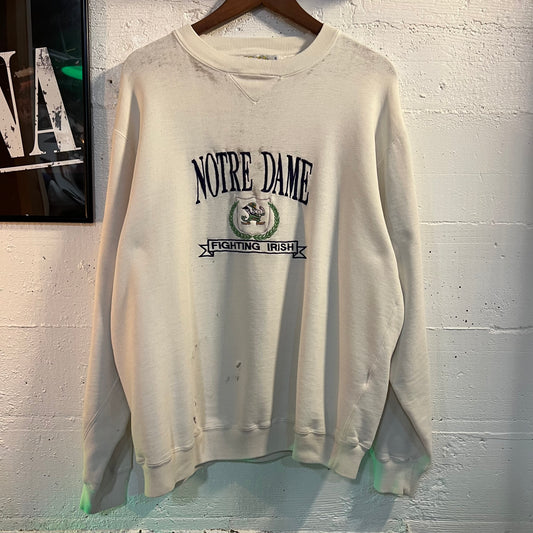Vintage 90's Distressed Notre Dame Fighting Irish Logo 7 Embroidered Crewneck Sweatshirt - Size Large - Made In USA