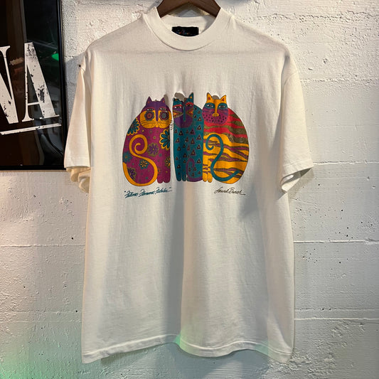 Vintage Distressed Laurel Burch 'Felines Femmes Fatales' Single Stitch T-Shirt - Size Large - Made In USA - White/Multicolor
