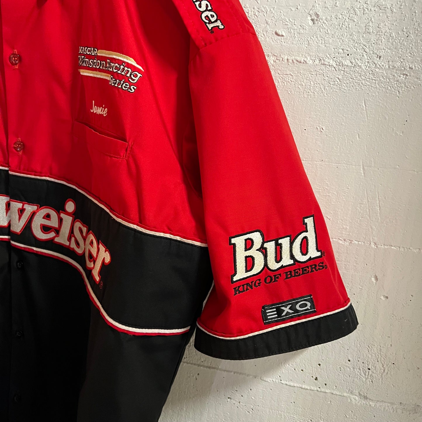 Vintage 90's Budweiser 'King Of Beers-Louie The Chameleon' Nascar Winston Cup Series Embroidered Pit Crew Racing Shirt - Size Large - Made In USA - Red/Multi