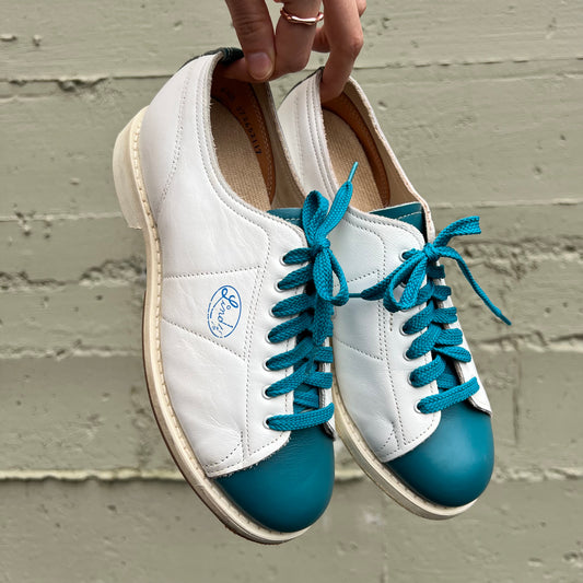 Vintage Linds 2-Tone Leather Lace Up Bowling Shoes - Size 6.5W/5M - Made In USA - Blue/White
