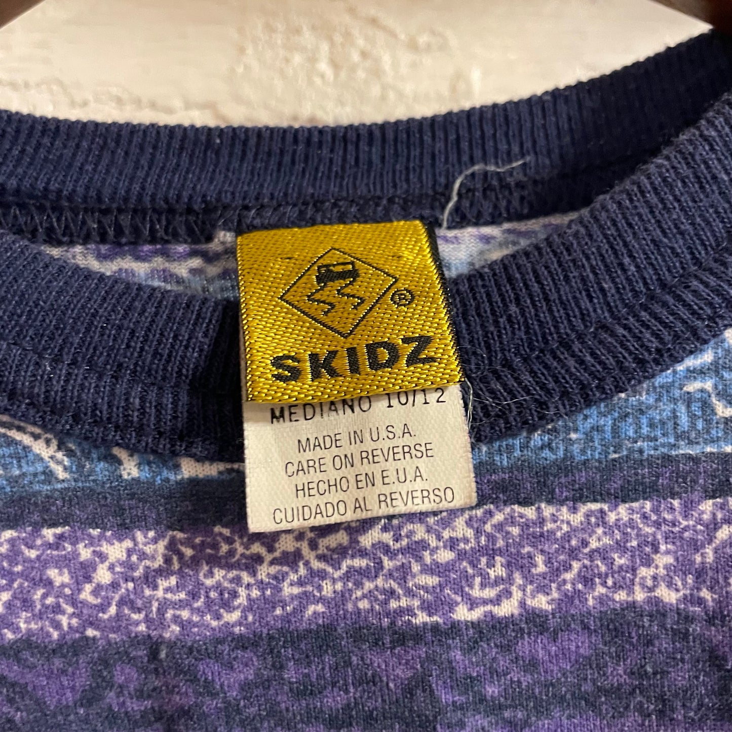 Vintage 90’s Skidz Geometric/Tribal/Aztec All Over Print Single Stitch Baby T-Shirt - Size Youth Medium - Made In USA - Blue/Purple/Black/White