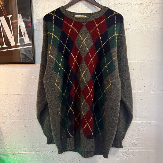 Vintage 90's Columbia Reid Argyle Knit Wool Sweater - Size XL - Made In Scotland