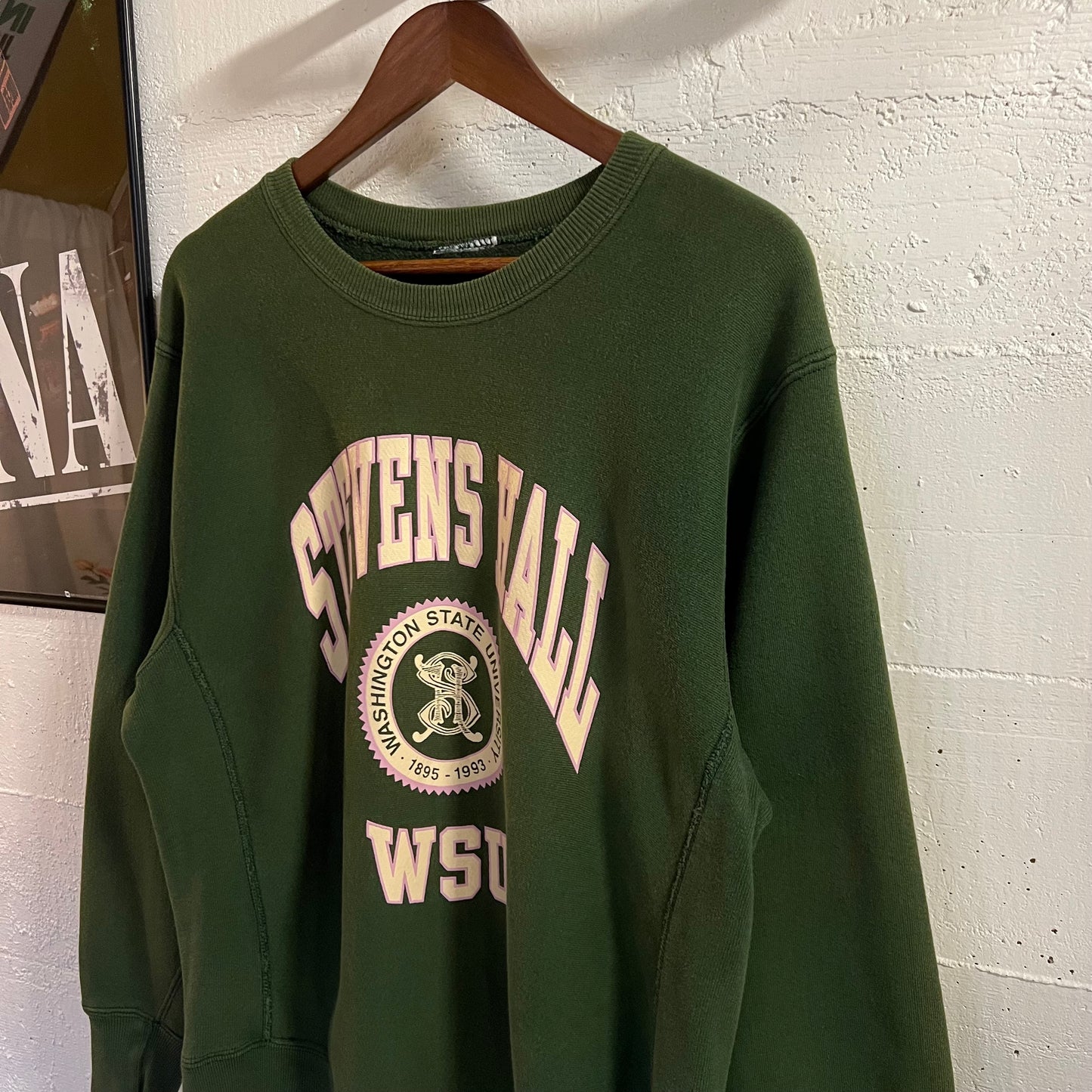 Vintage 1993 Steven’s Hall Washing State University Reverse Weave Crewneck Sweatshirt - Size Large/XL - Made In USA - Green/White/Purple