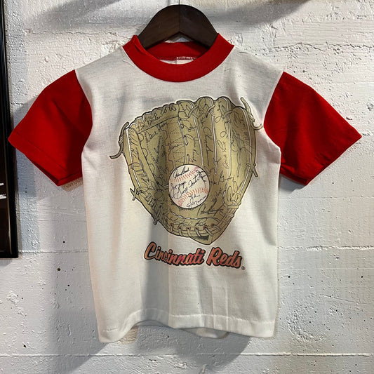 Vintage 80’s Cincinnati Reds Baseball Glove Single Stitch Baby T-Shirt - Size Youth Small - White/Red