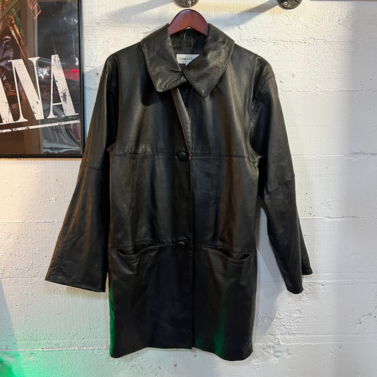 Vintage Charles Klein Buttoned Long Leather Jacket - Size Medium - Black