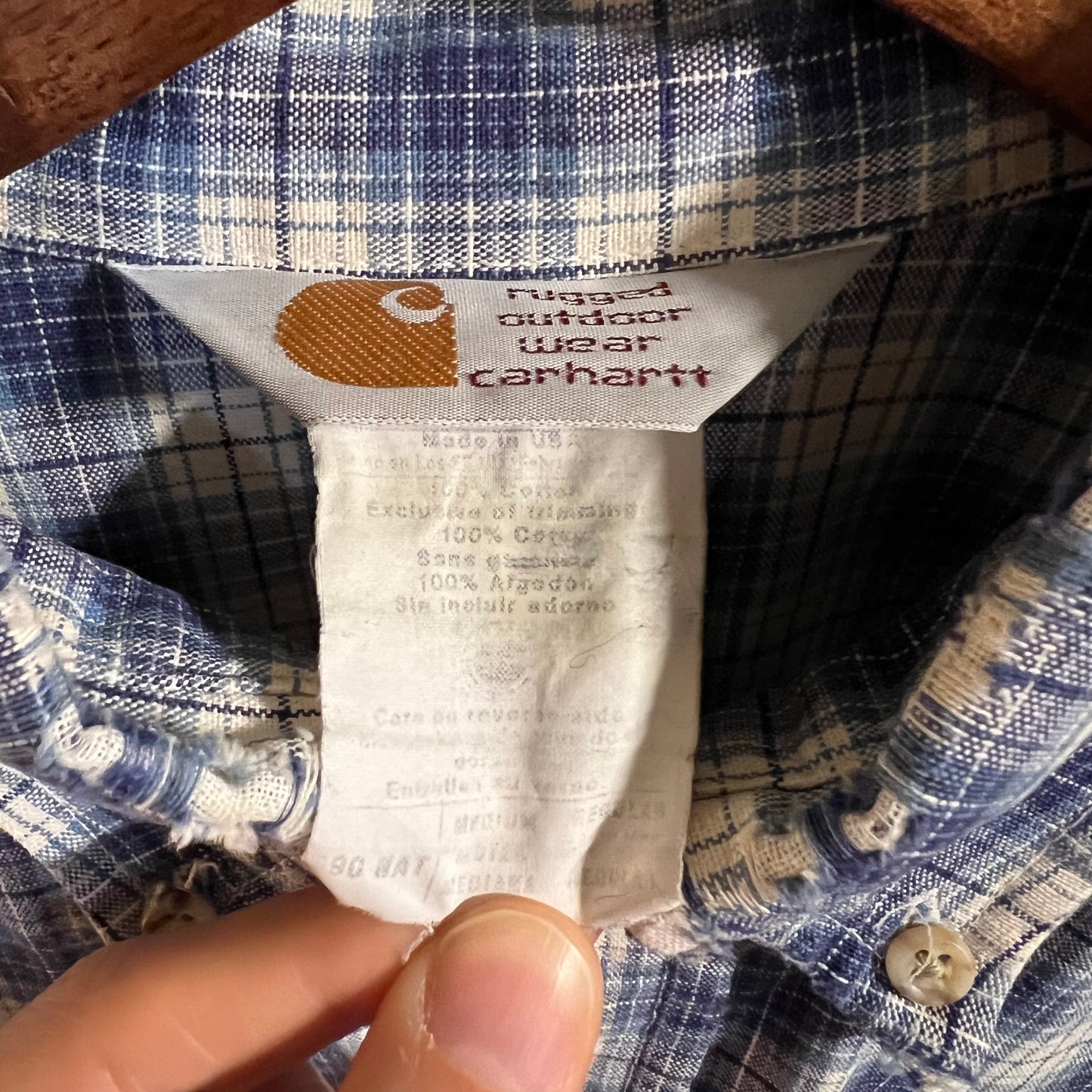 Vintage 90's Distressed Carhartt Painters Shadow Plaid Button Down Shirt - Size Medium - Union Made In USA - Blue/White