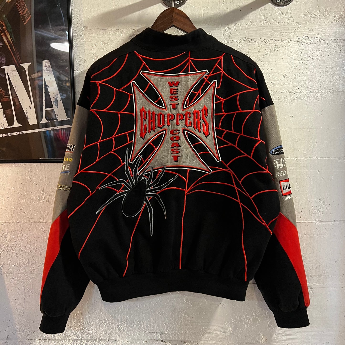 Vintage West Coast Choppers Mac Tools Embroidered Spider Web Racing Jacket - Size Medium - Black/Red/Gray