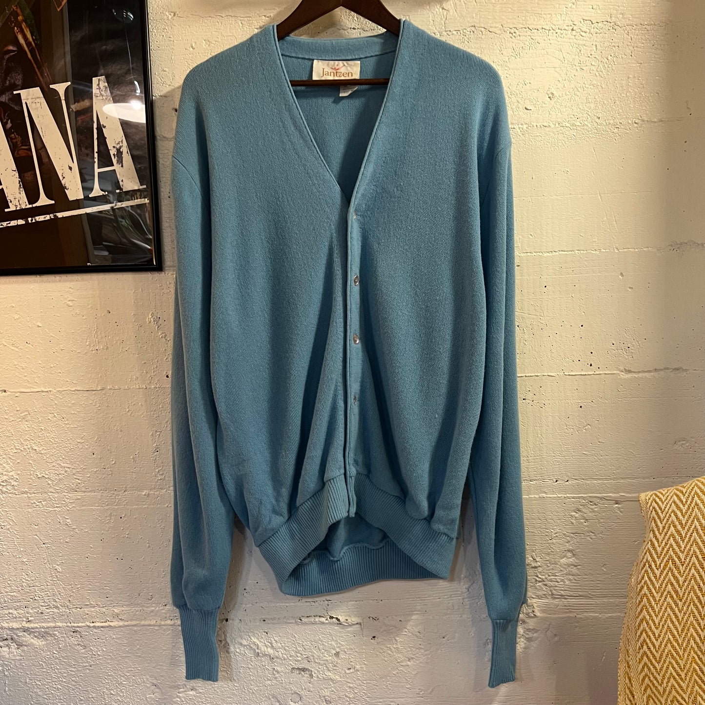 Vintage 70’s Jantzen Knitted Cardigan Buttoned Sweater - Size XL - Made In USA - Baby Blue