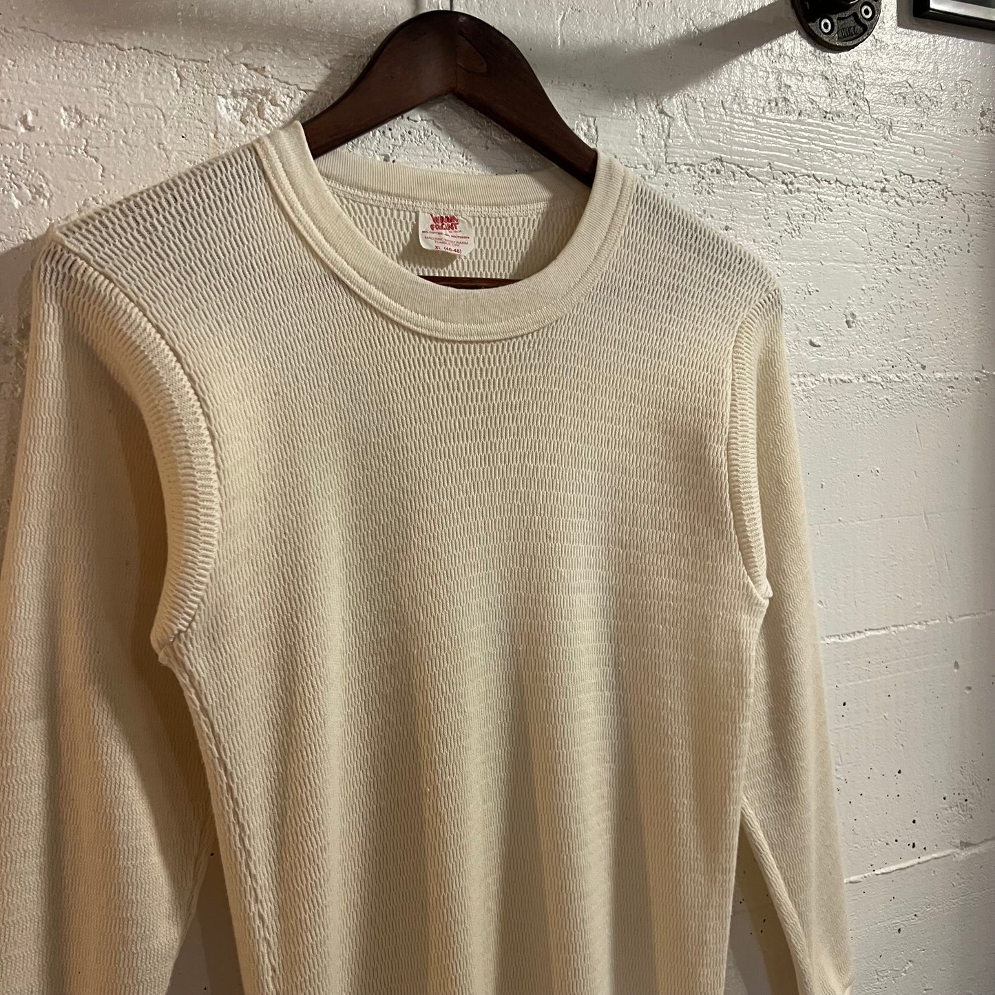 Vintage 80’s Warm Front Honeycomb Knitted Thermal Long Sleeve Shirt - Size XL - Made In USA - Antique White