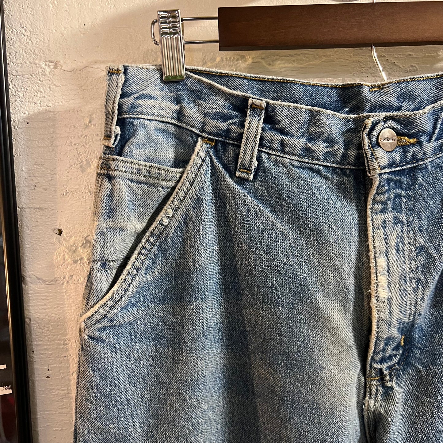 2000's Distressed Carhartt Flannel Lined Dungaree Fit Denim Carpenter Jeans - Size 31" x 34" - Light Wash Indigo - B236-DST