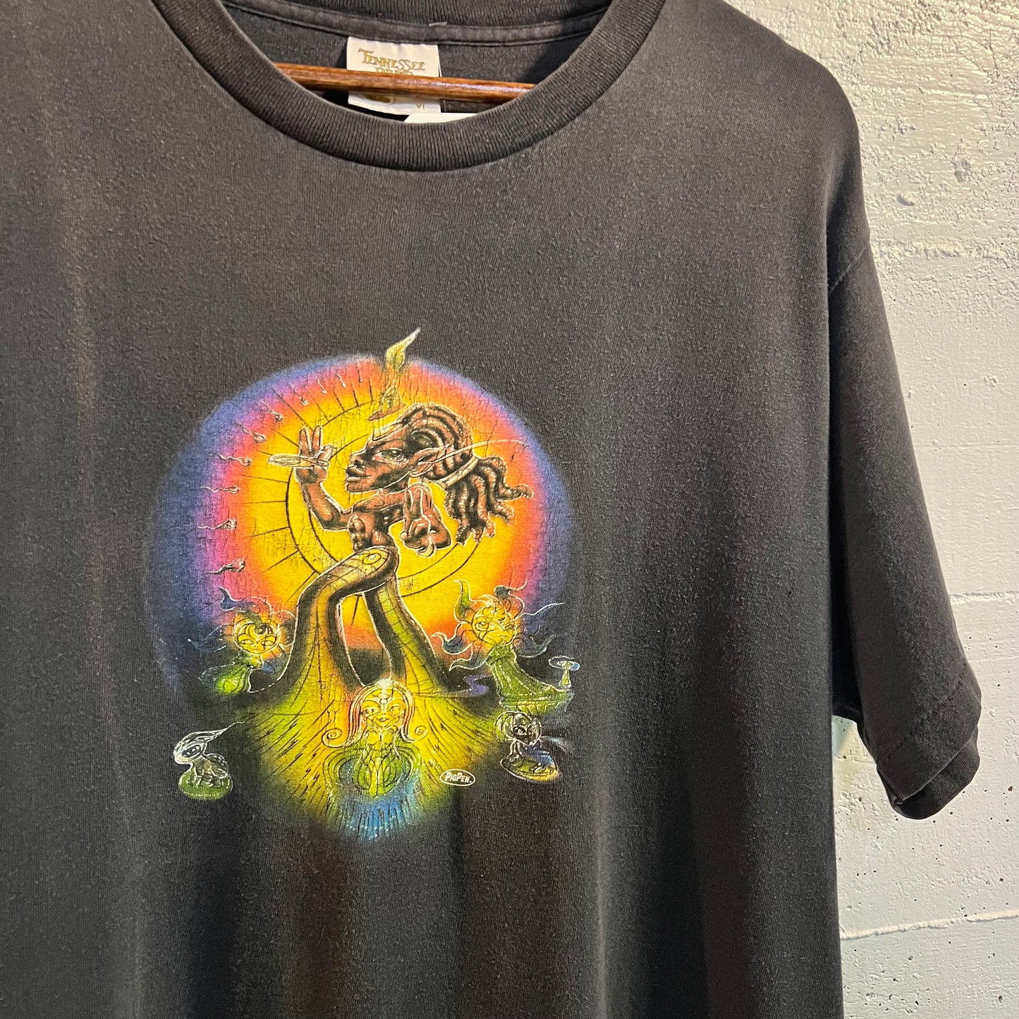 Vintage 90's Rare Pig Pen Psychedelic Alien Single Stitch Rave T-Shirt - Size XL - Made In USA - Faded Black