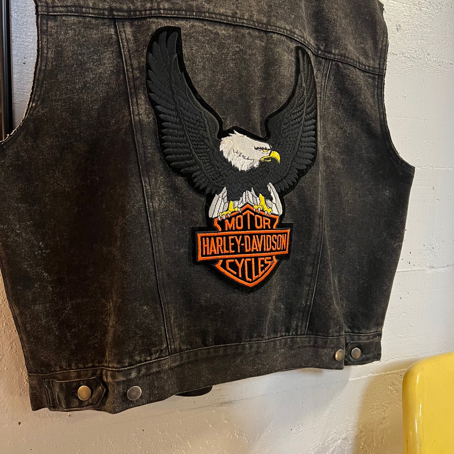 Vintage Harley Davidson Black Denim & Leather Eagle Patch Vest - Size L/XL - Black