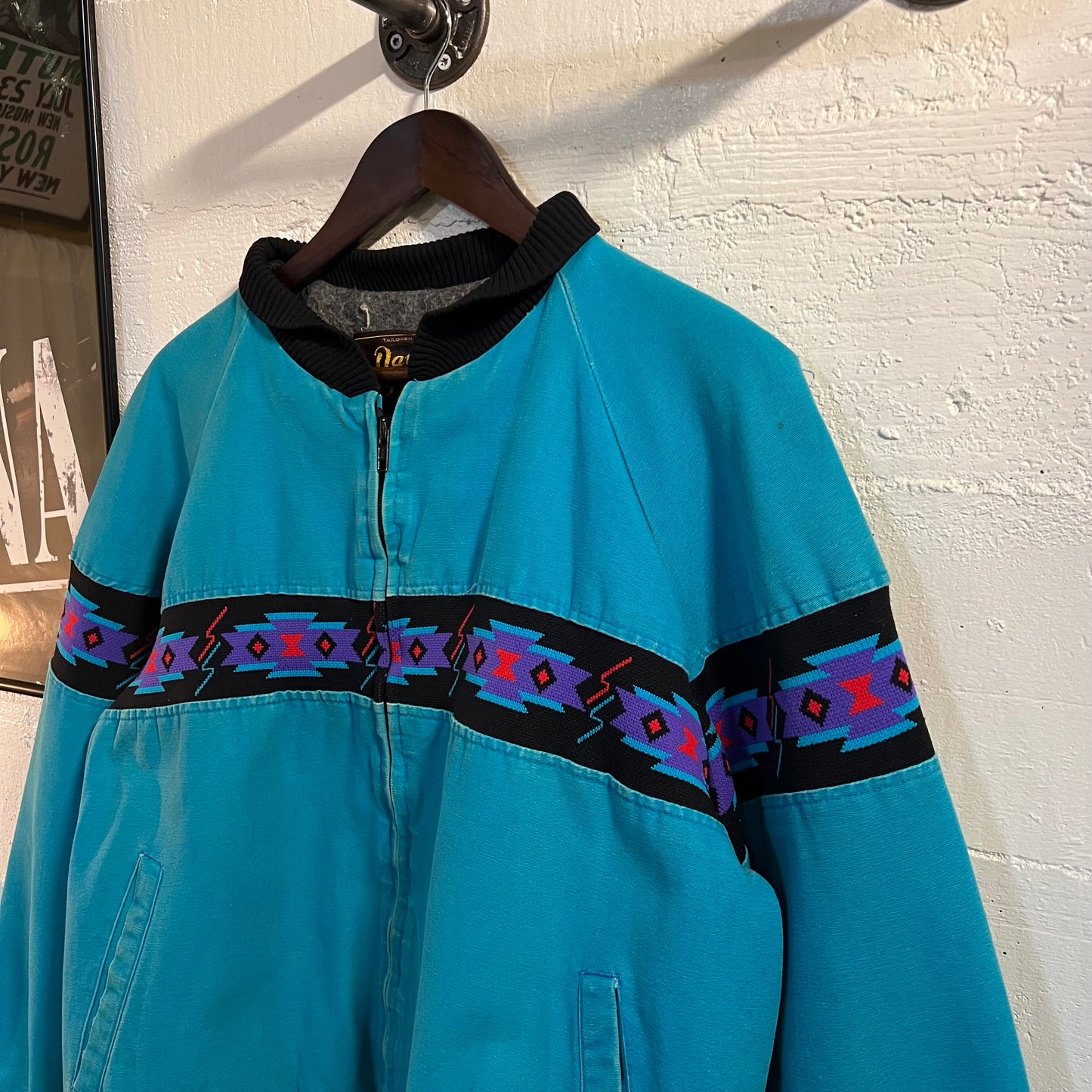 Vintage David James Aztec Blanket Lined Canvas Bomber Jacket - Size Large - Made In USA - Turquoise/Black