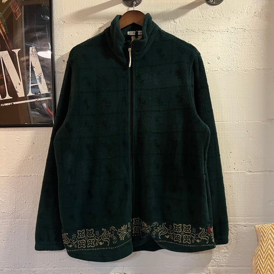 Vintage 90’s Woolrich Full-Zip Floral Print Long Fleece Coat - Size XL - Made In USA - Forest Green/Black/Tan