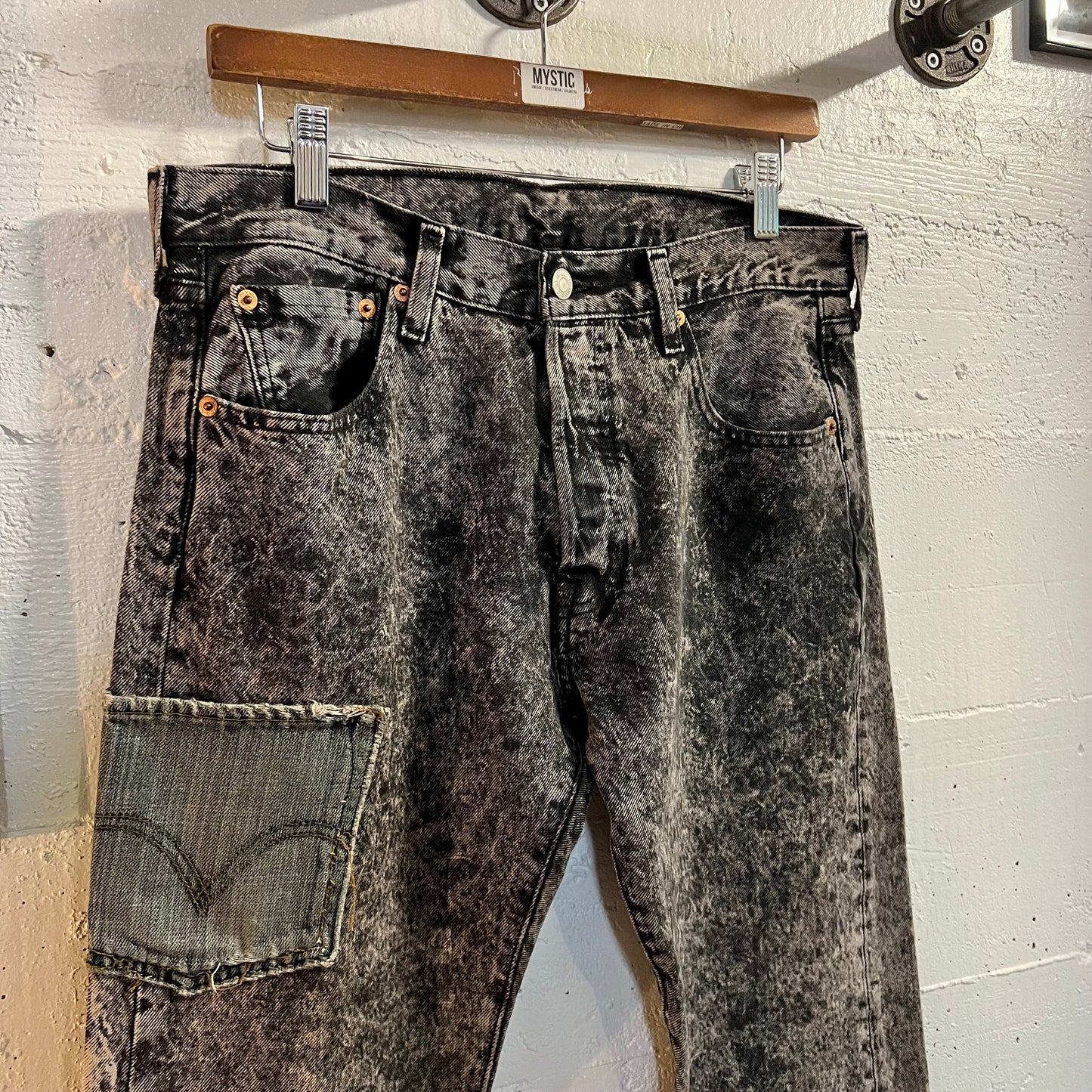 Reworked Levi's 501 Acid Wash Denim Jeans - Size 30 x 34 - Black
