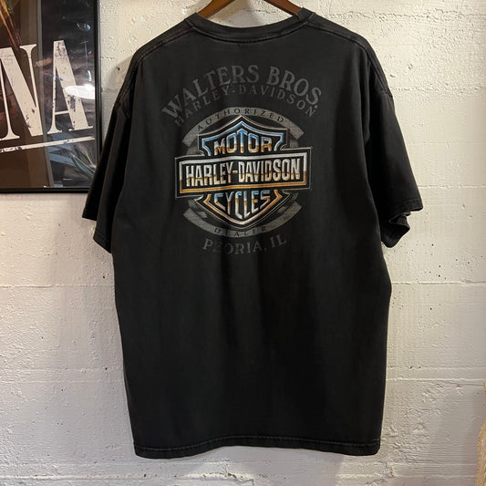 Vintage 2003 Harley Davidson ‘100 Years’ Walter’s Bros. Peoria, IL Graphic T-Shirt - Size XL - Made In USA - Black/Multicolor