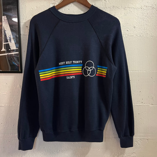 Vintage 70’s/80’s Most Holy Trinity Saints Raglan Sleeve Crewneck Sweatshirt - Size Medium - Made In USA - Navy/White/Multi