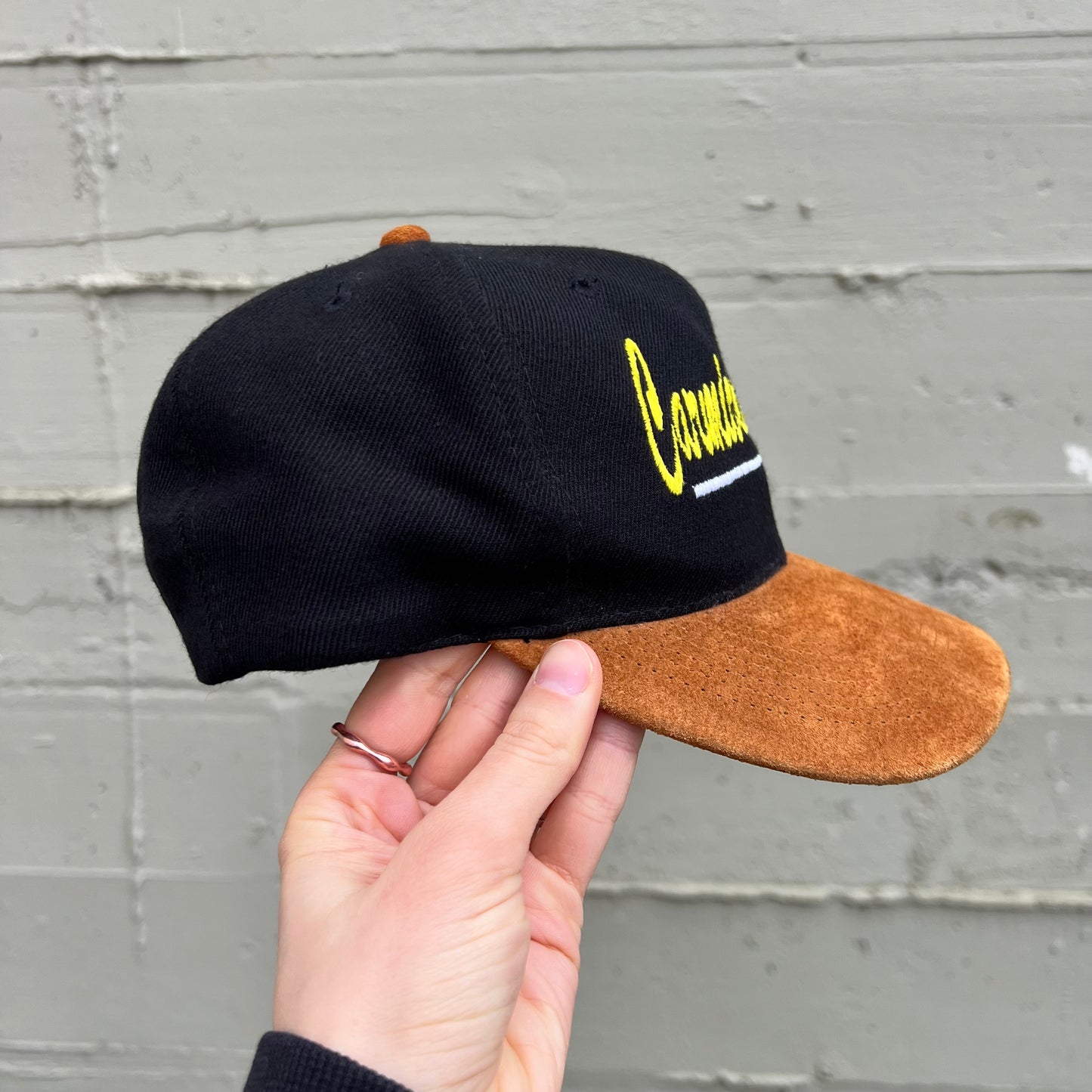 Vintage Embroidered Carmichael Oil Inc. Snap Back W/ Leather Bill Hat - One Size Fits Most - Black/Yellow/White/Brown