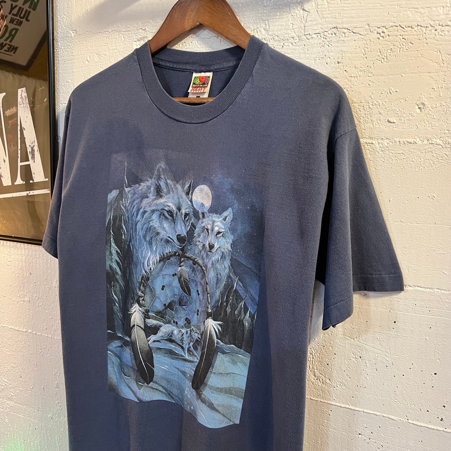 Vintage Nature Wolf Dream Catcher Single Stitch T-Shirt - Size Large - Blue