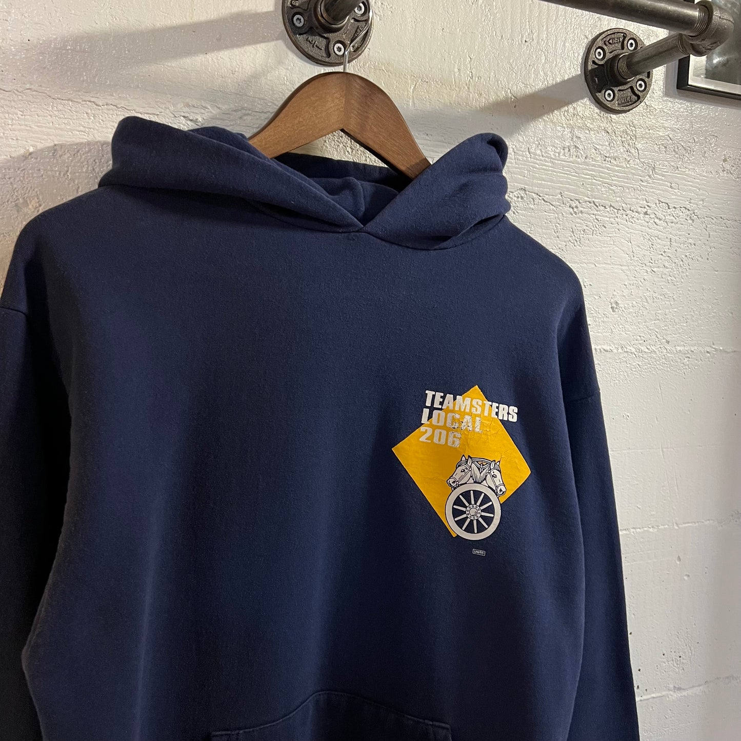 Vintage 80’s Teamsters Local 206 Hoodie Sweatshirt - Size Medium - Union Made In USA - Navy/White/Yellow