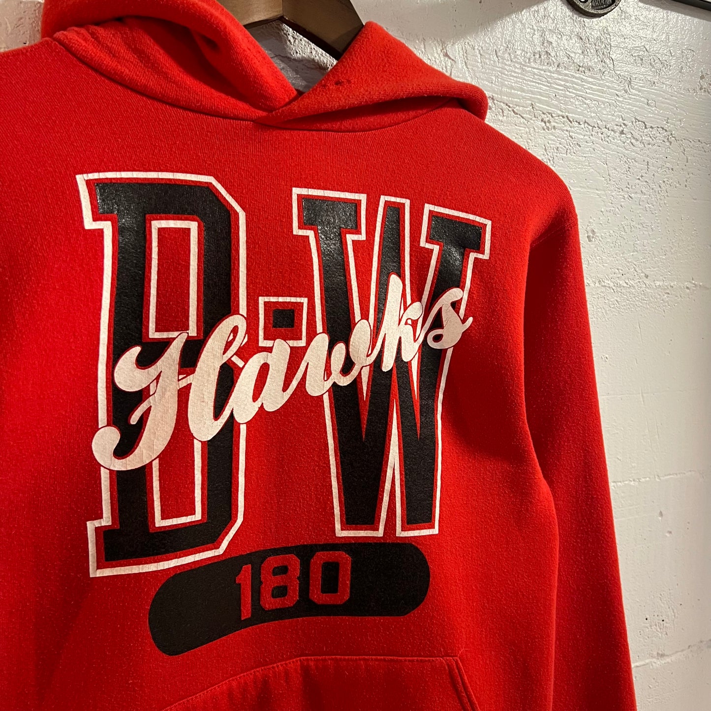 Vintage 90’s Russell Athletic B-W Hawks 180 Hoodie Sweatshirt - Size Small - Made In USA - Red/Black/White