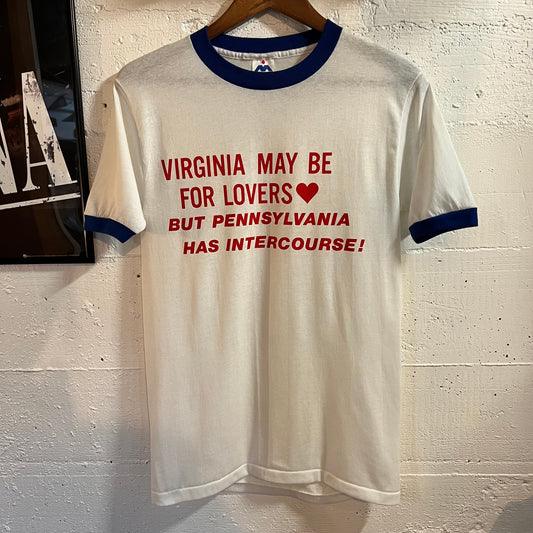 Vintage 80’s Funny ‘Virginia May Be For Lovers…’ Single Stitch Ringer T-Shirt - Size Medium - Made In USA - White/Red/Blue