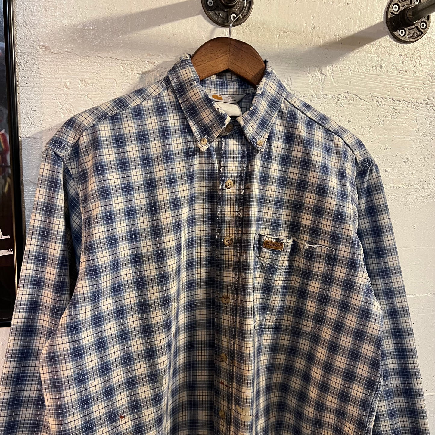 Vintage 90's Distressed Carhartt Painters Shadow Plaid Button Down Shirt - Size Medium - Union Made In USA - Blue/White