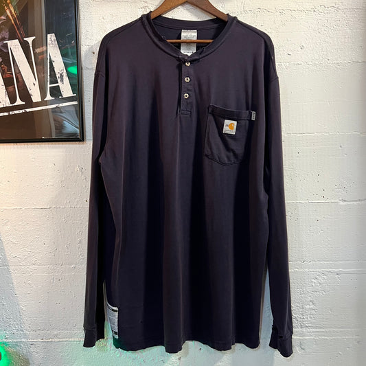 Vintage Distressed Carhartt Flame Resistant Long Sleeve Henley T-Shirt - Size XL - Navy - RN#14806