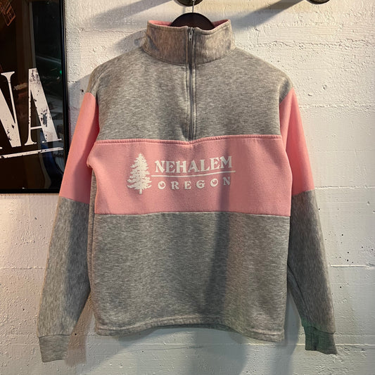 Vintage Color-Blocked Nehalem, Oregon Quarter Zip Pullover Sweatshirt - Size Small - Made In USA - Heather Grey/Pink/White