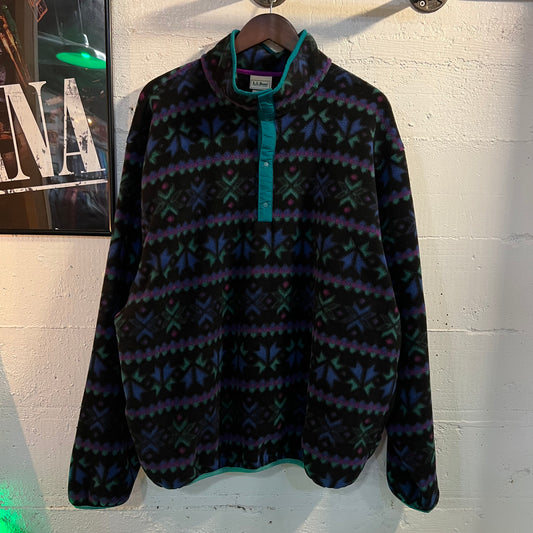 Vintage 90's L.L. Bean Nordic Print Snap Fleece Pullover - Size XXL  - Made In USA - Multicolor