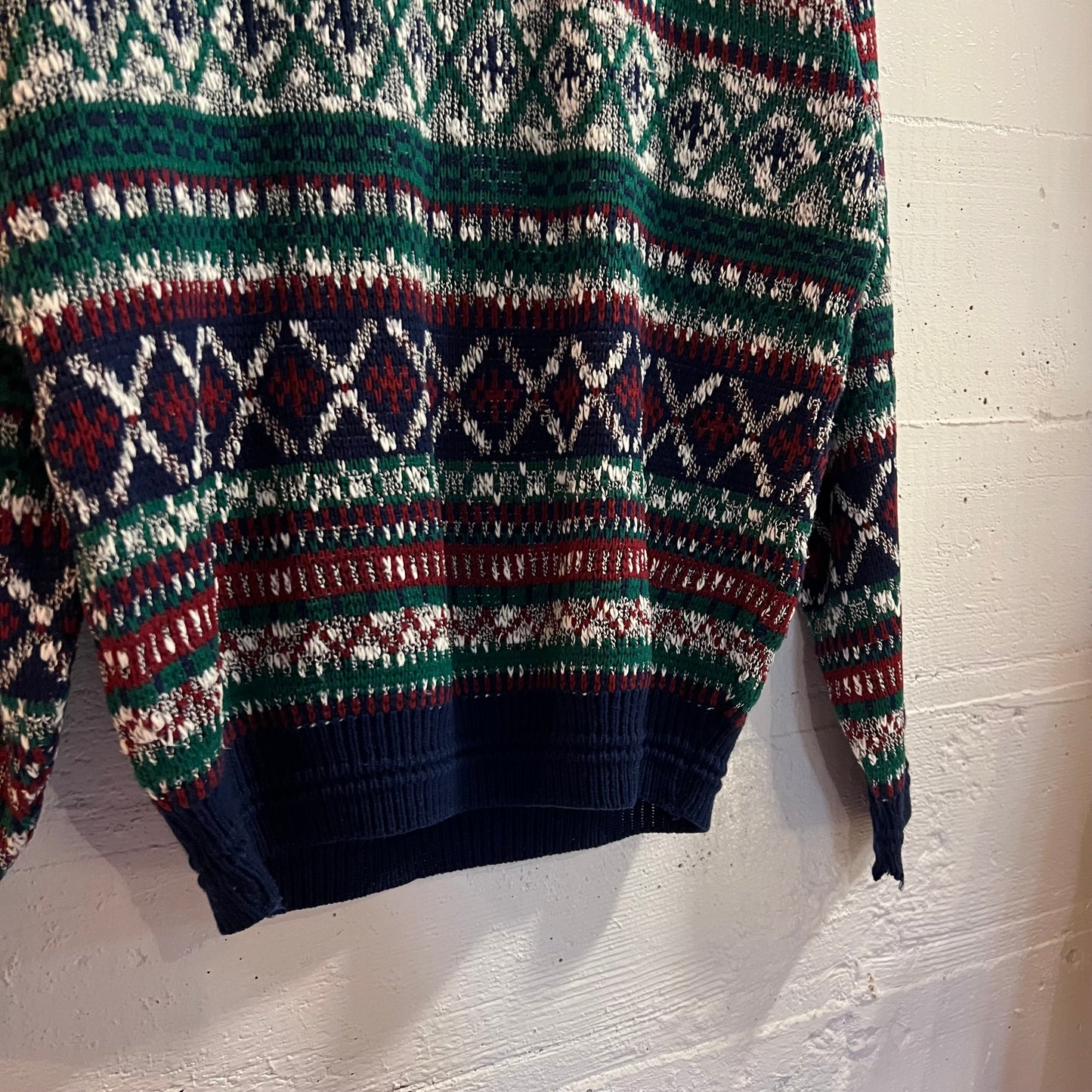 Vintage 80’s/90’s The Men’s Store At Sears Abstract Patterned Knitted Sweater - Size Large - Navy/Red/White/Green
