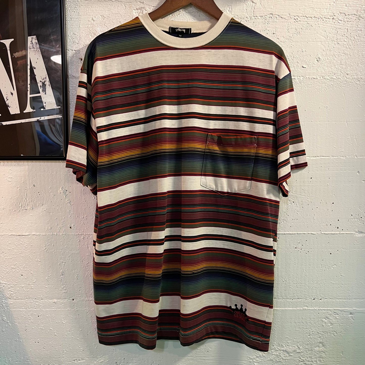 Vintage 80's Stüssy Embroidered Crown Striped Tom Tom Pocket T-Shirt
 - Size Medium - Made In USA